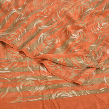 Sanskriti Vintage Sarees Green/Orange Pure Crepe Printed Sari 5yd Craft Sustainable Fabric