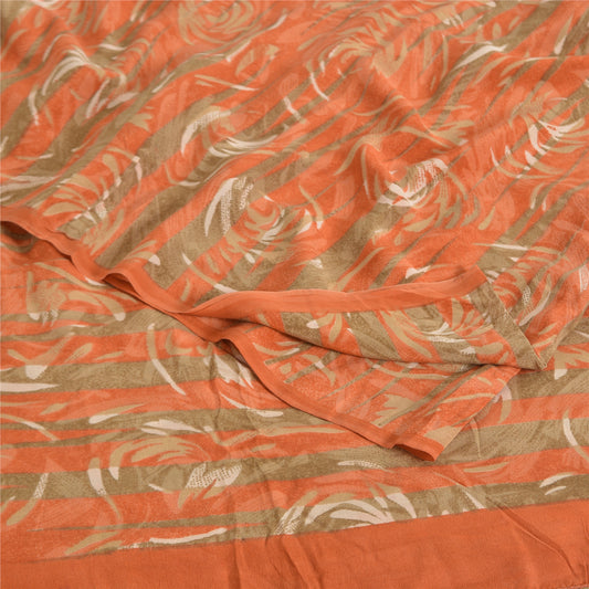 Sanskriti Vintage Sarees Green/Orange Pure Crepe Printed Sari 5yd Craft Sustainable Fabric
