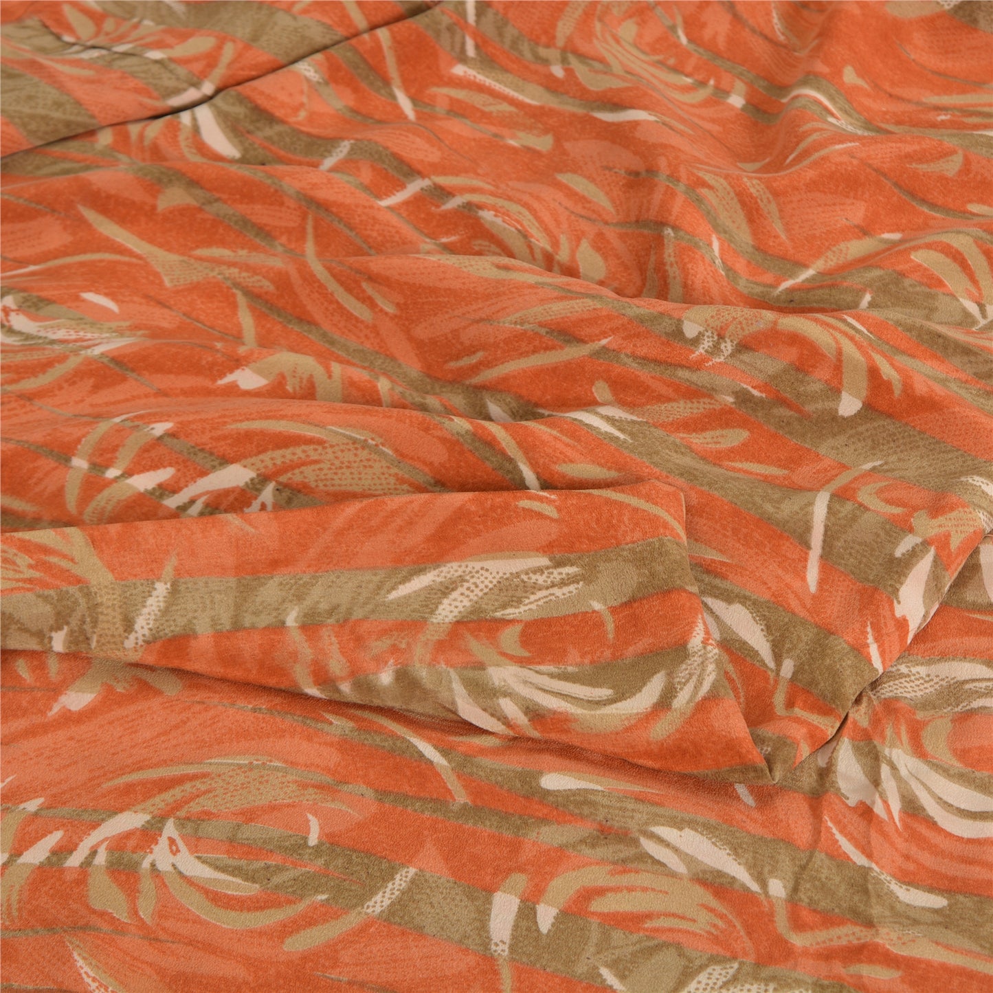 Sanskriti Vintage Sarees Green/Orange Pure Crepe Printed Sari 5yd Craft Sustainable Fabric