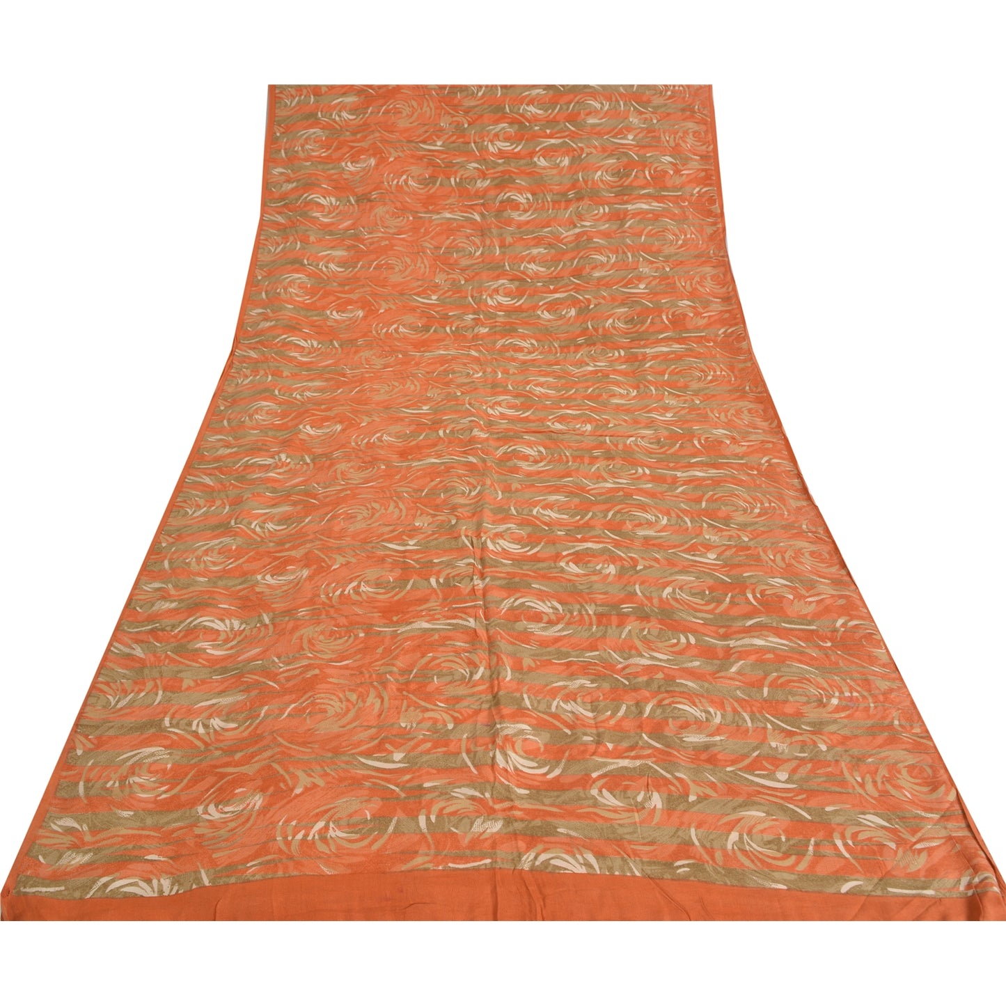 Sanskriti Vintage Sarees Green/Orange Pure Crepe Printed Sari 5yd Craft Sustainable Fabric