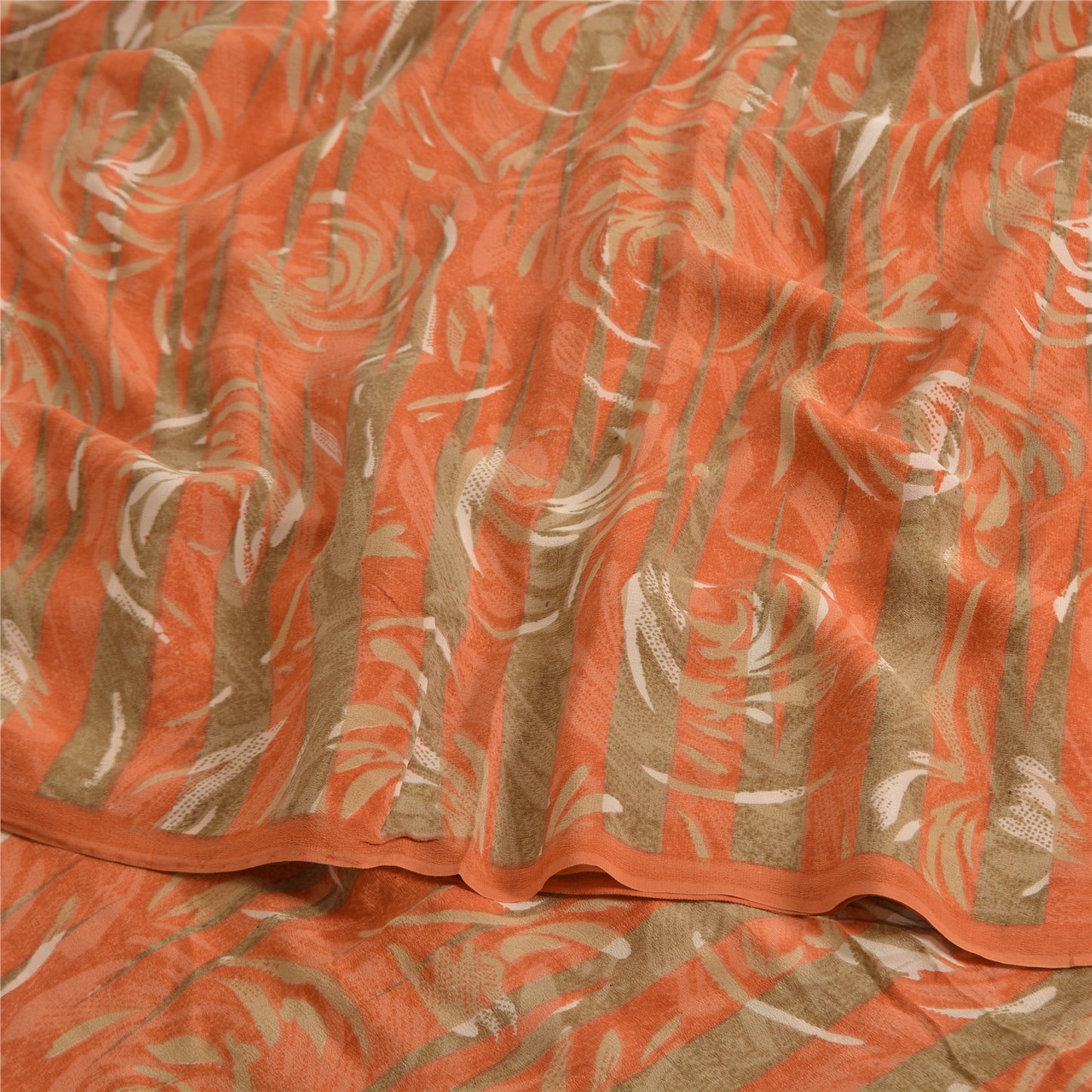 Sanskriti Vintage Sarees Green/Orange Pure Crepe Printed Sari 5yd Craft Sustainable Fabric