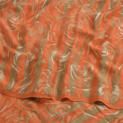 Sanskriti Vintage Sarees Green/Orange Pure Crepe Printed Sari 5yd Craft Sustainable Fabric