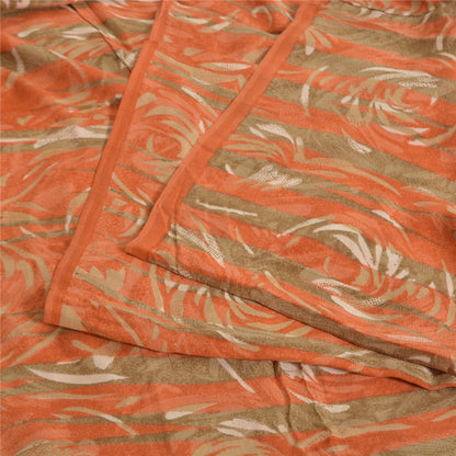 Sanskriti Vintage Sarees Green/Orange Pure Crepe Printed Sari 5yd Craft Sustainable Fabric