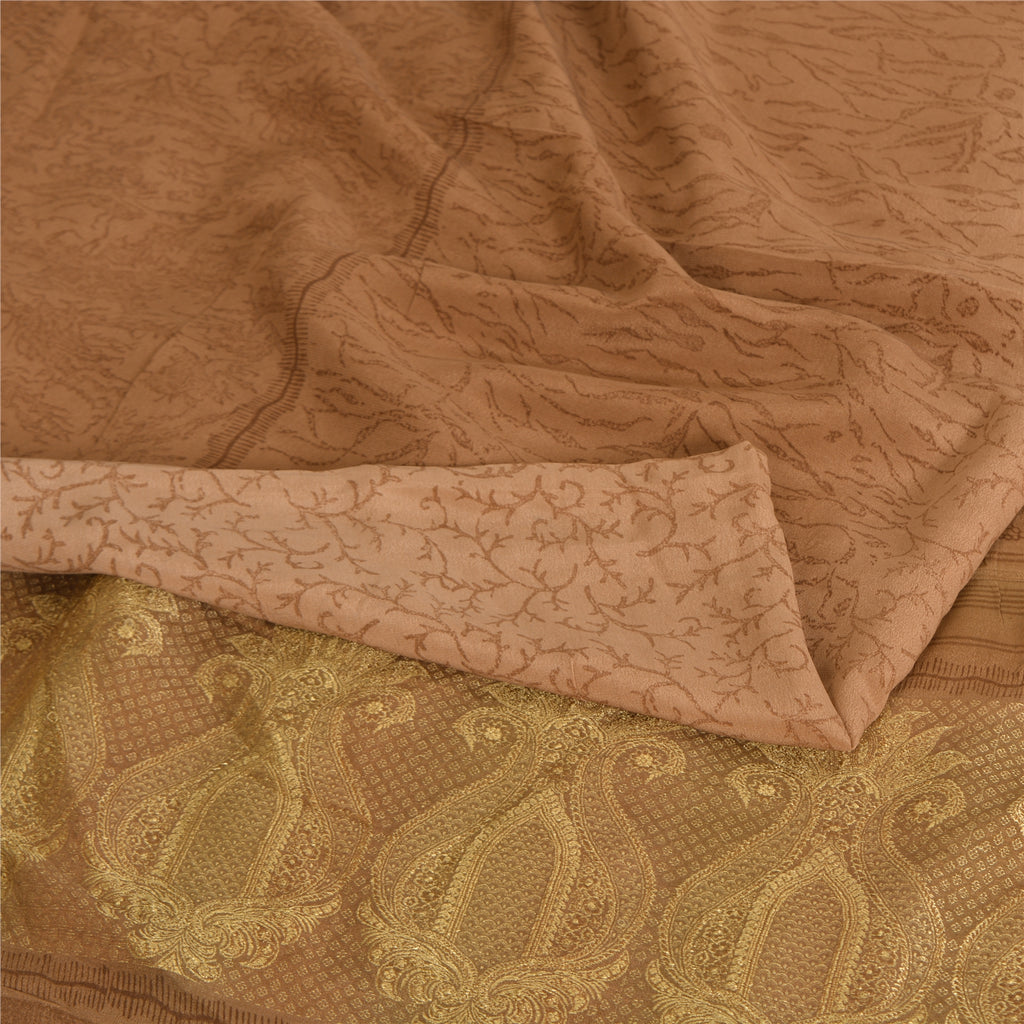 Sanskriti Vintage Sarees Peach Pure Crepe Silk Print Woven Border Sari Sustainable Fabric