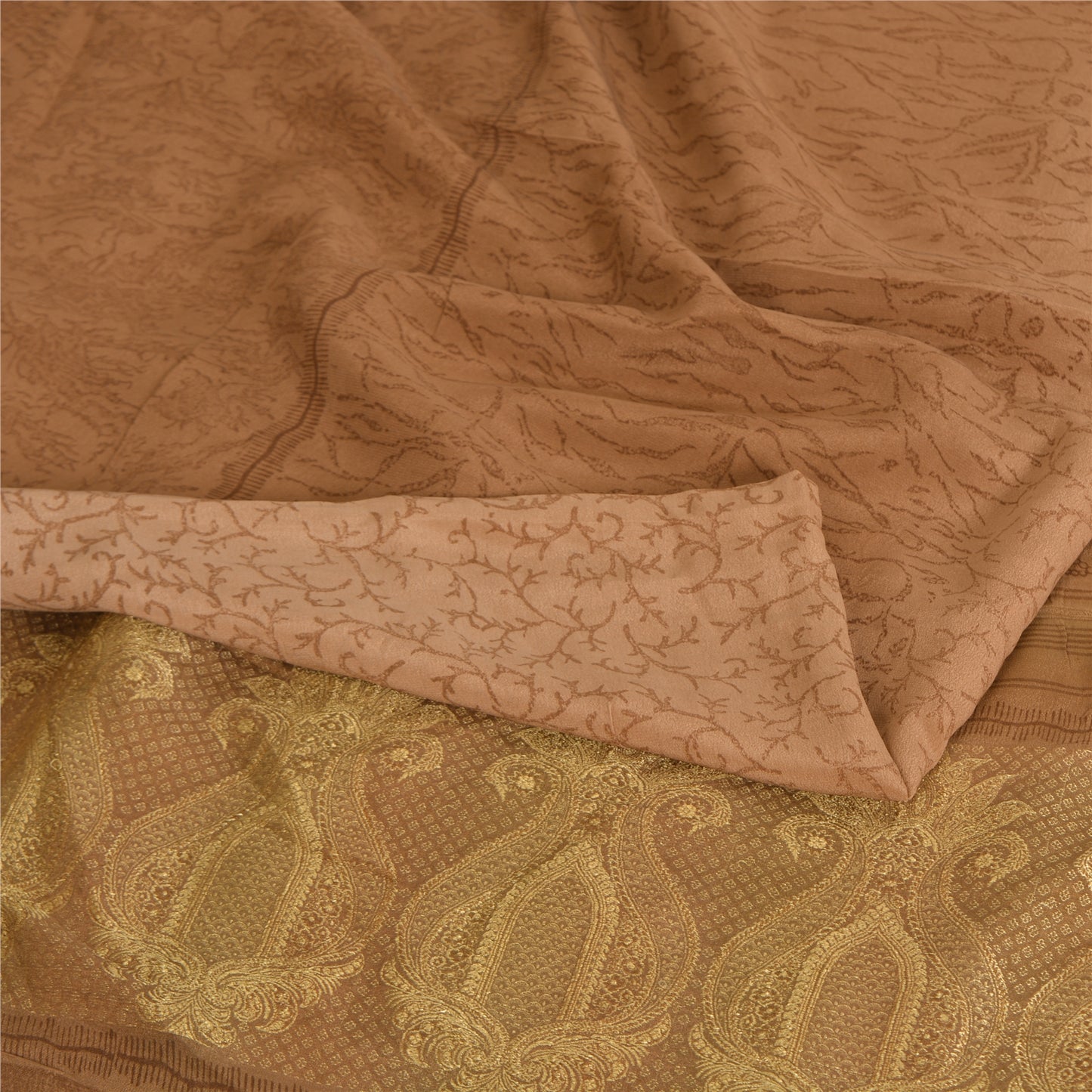 Sanskriti Vintage Sarees Peach Pure Crepe Silk Print Woven Border Sari Sustainable Fabric
