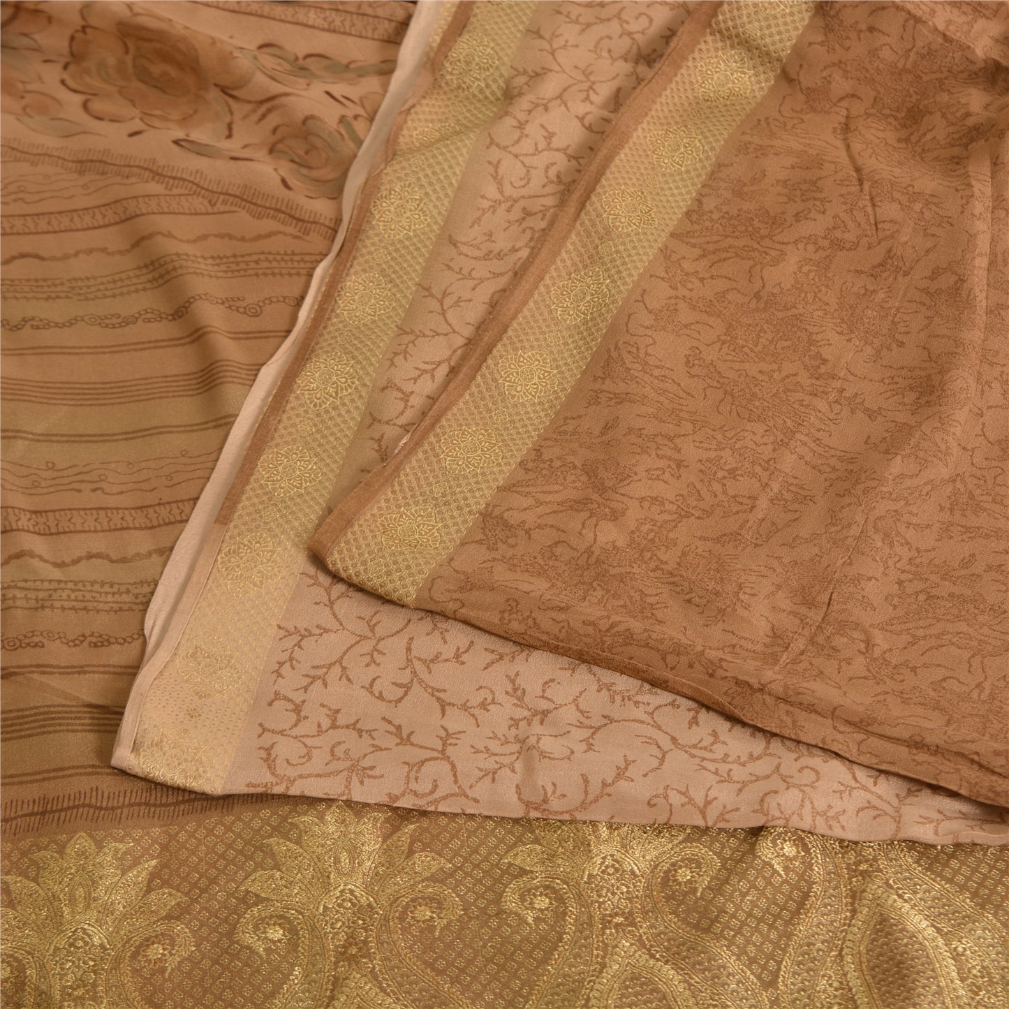 Sanskriti Vintage Sarees Peach Pure Crepe Silk Print Woven Border Sari Sustainable Fabric