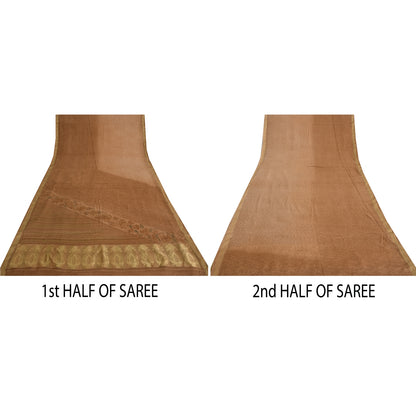 Sanskriti Vintage Sarees Peach Pure Crepe Silk Print Woven Border Sari Sustainable Fabric