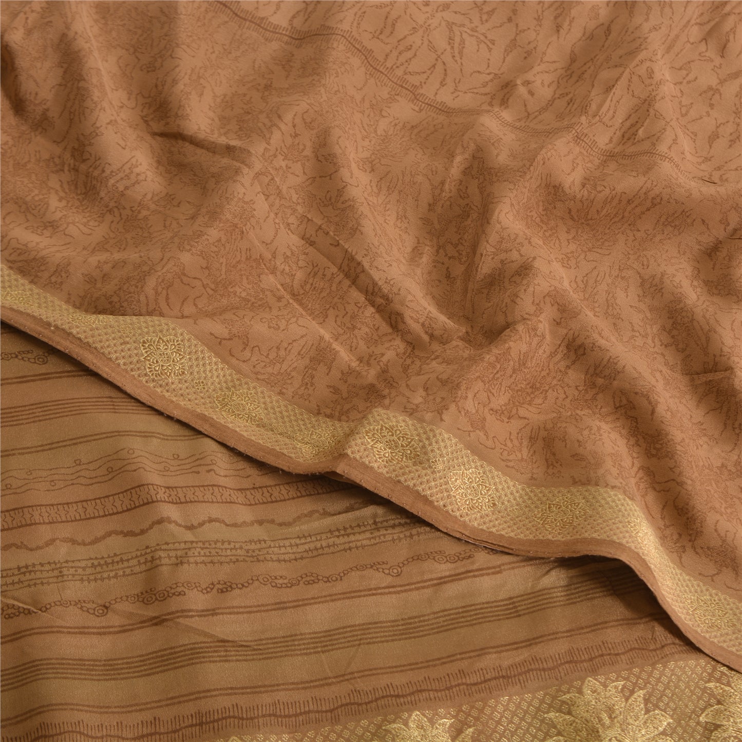 Sanskriti Vintage Sarees Peach Pure Crepe Silk Print Woven Border Sari Sustainable Fabric