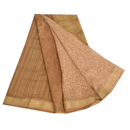 Sanskriti Vintage Sarees Peach Pure Crepe Silk Print Woven Border Sari Sustainable Fabric