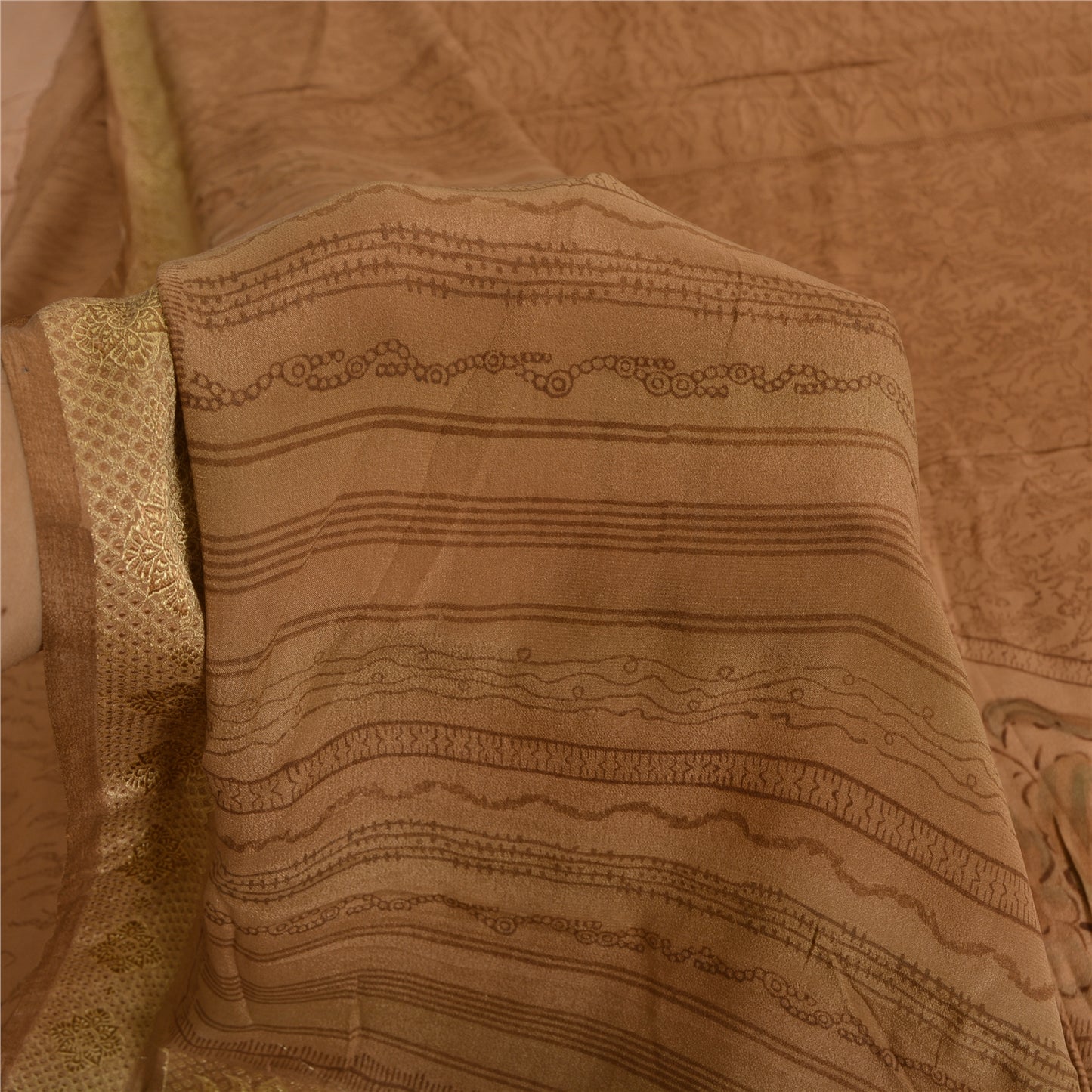 Sanskriti Vintage Sarees Peach Pure Crepe Silk Print Woven Border Sari Sustainable Fabric