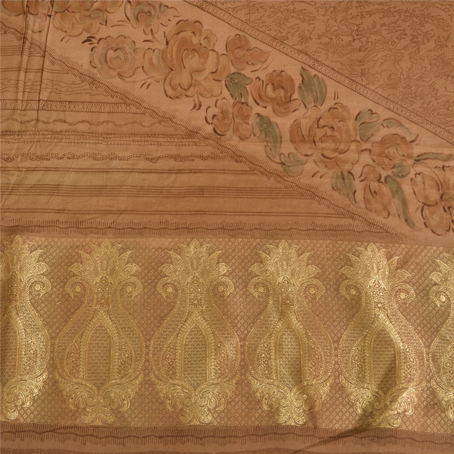 Sanskriti Vintage Sarees Peach Pure Crepe Silk Print Woven Border Sari Sustainable Fabric