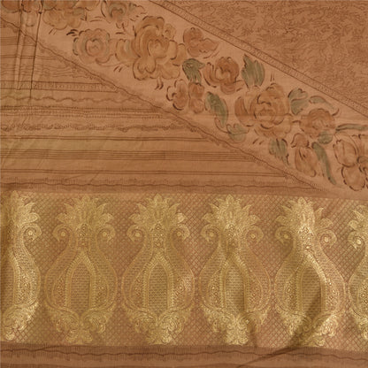 Sanskriti Vintage Sarees Peach Pure Crepe Silk Print Woven Border Sari Sustainable Fabric