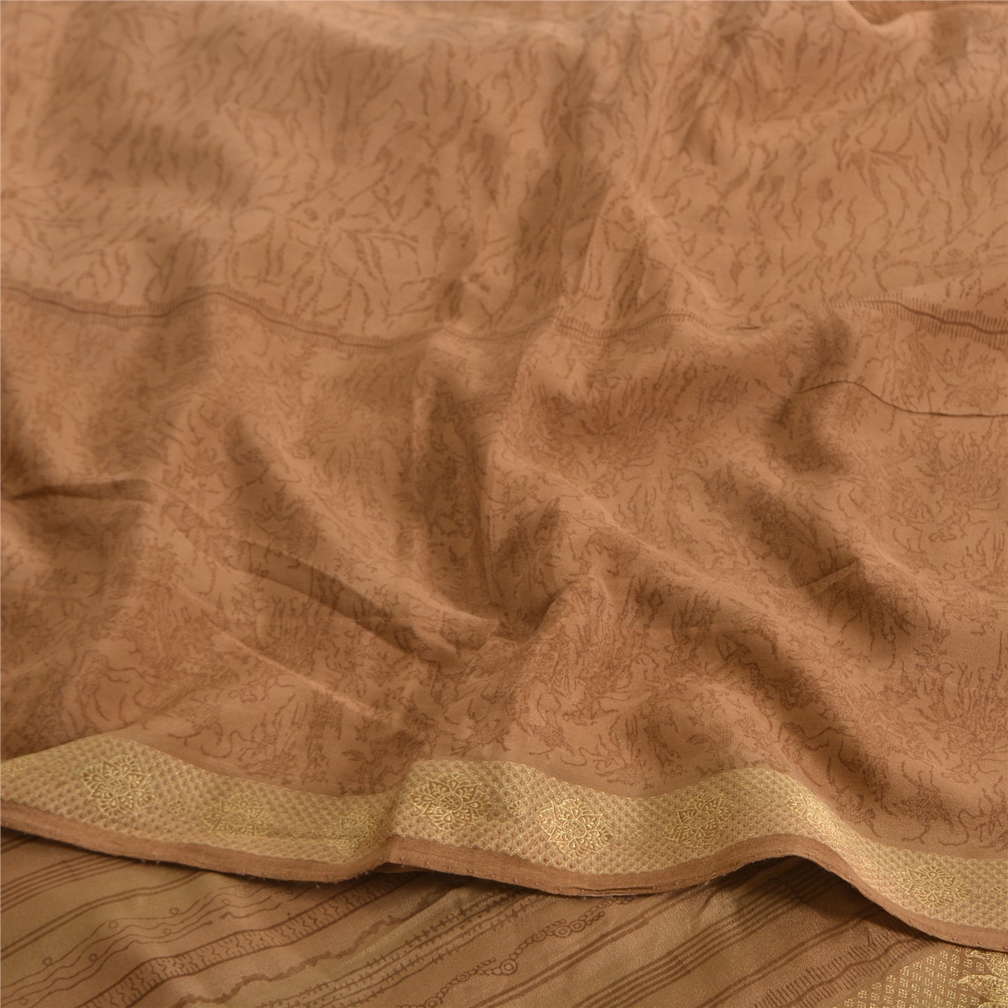 Sanskriti Vintage Sarees Peach Pure Crepe Silk Print Woven Border Sari Sustainable Fabric