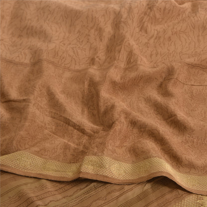 Sanskriti Vintage Sarees Peach Pure Crepe Silk Print Woven Border Sari Sustainable Fabric