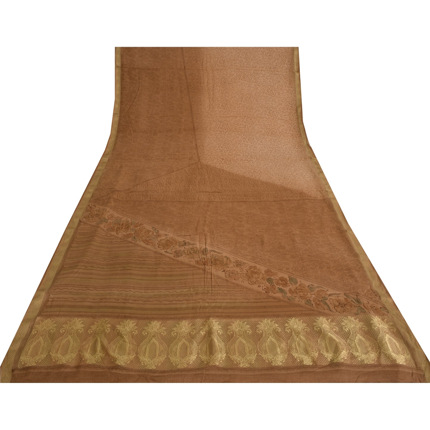 Sanskriti Vintage Sarees Peach Pure Crepe Silk Print Woven Border Sari Sustainable Fabric