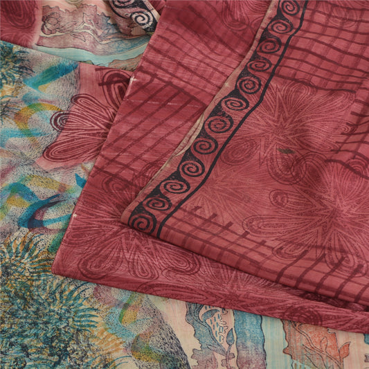 Sanskriti Vintage Sarees Multicolor Pure Crepe Silk Print Sari 5yd Craft Sustainable Fabric