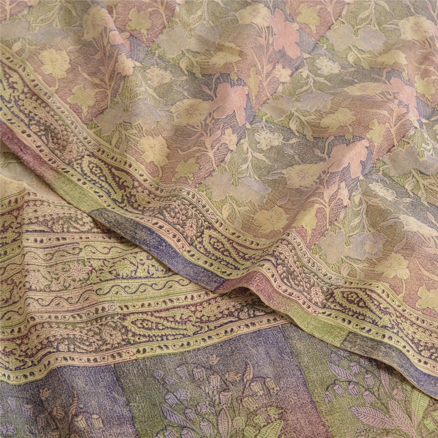 Sanskriti Vintage Sarees Multi Pure Crepe Silk Printed Sari 5yd Craft Sustainable Fabric