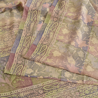 Sanskriti Vintage Sarees Multi Pure Crepe Silk Printed Sari 5yd Craft Sustainable Fabric