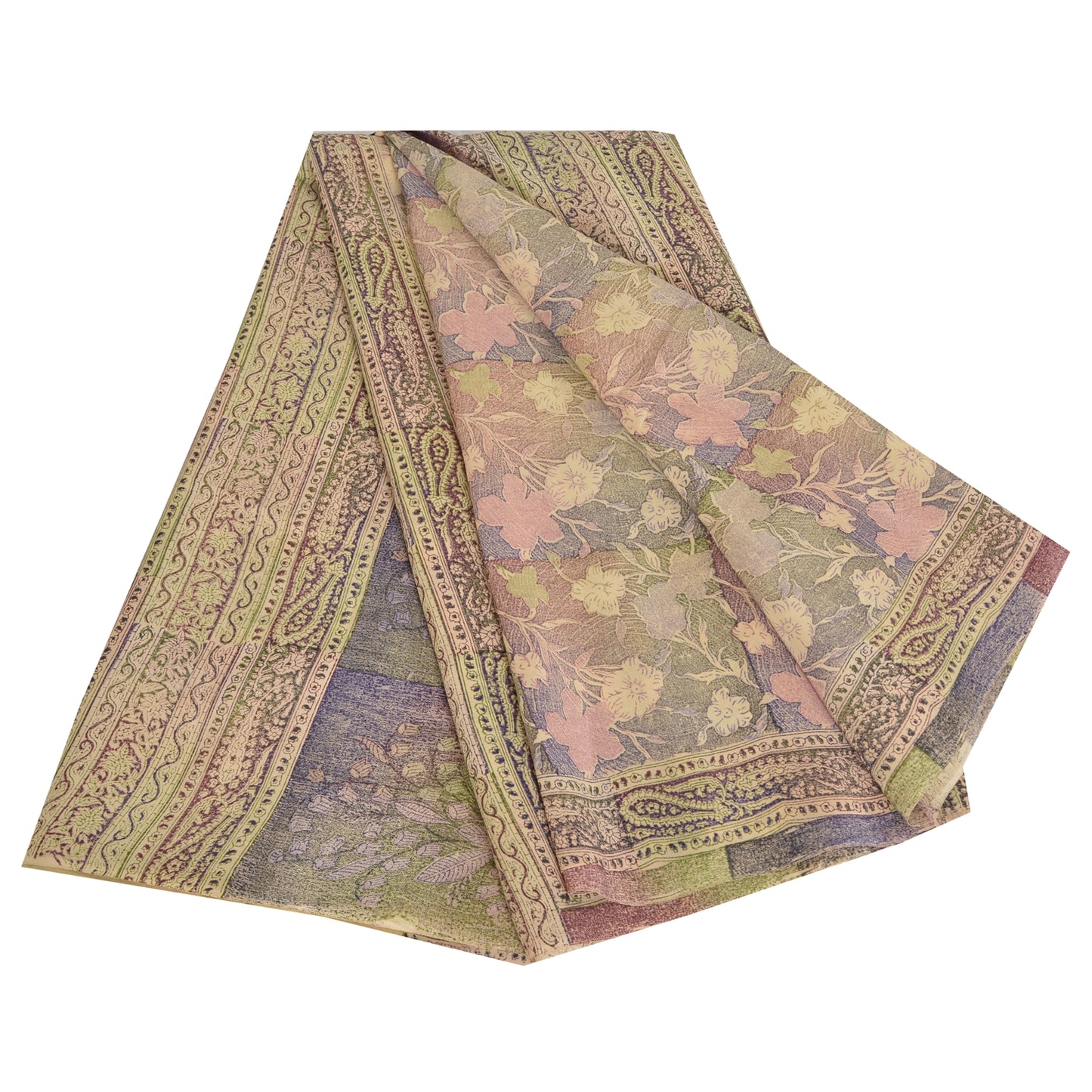 Sanskriti Vintage Sarees Multi Pure Crepe Silk Printed Sari 5yd Craft Sustainable Fabric