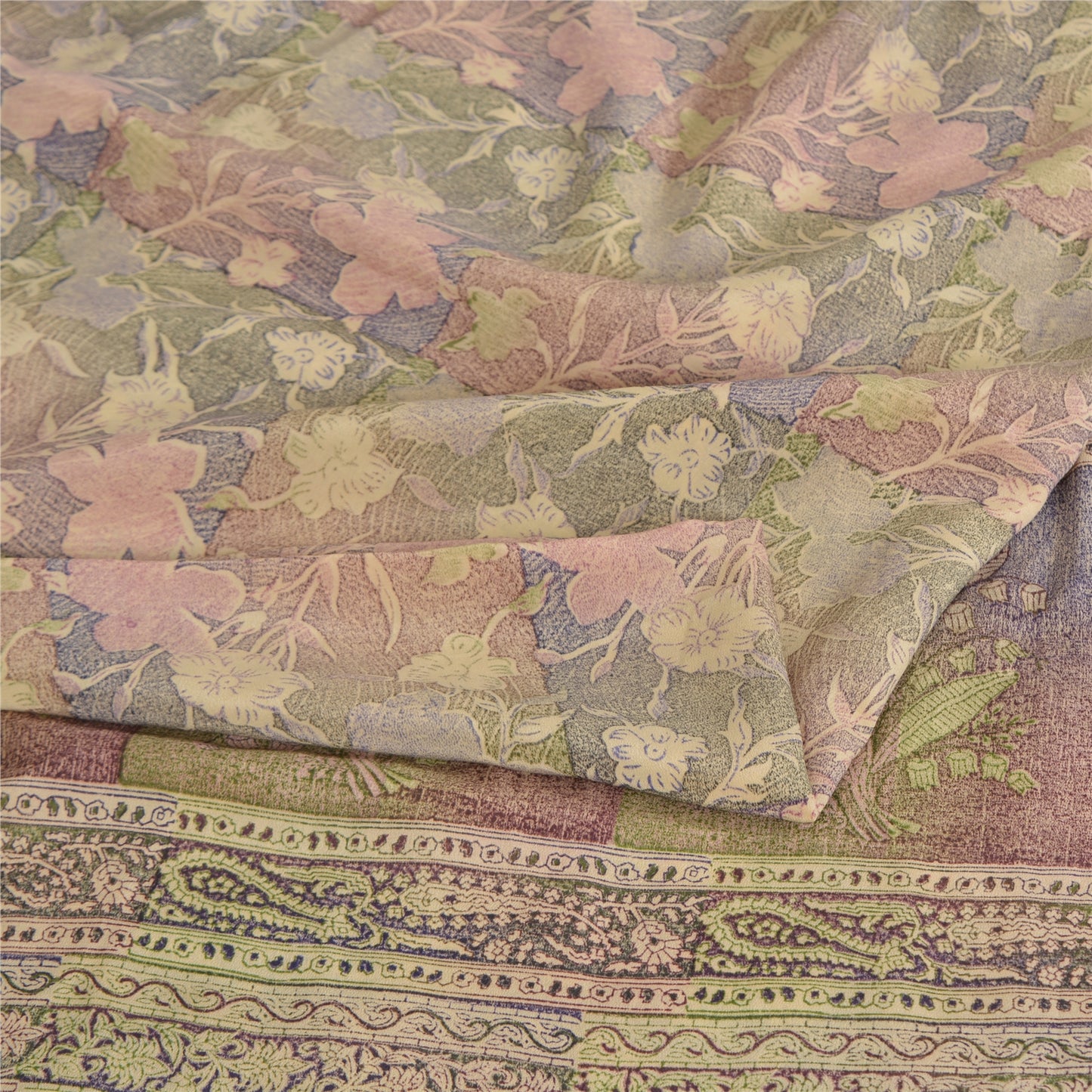Sanskriti Vintage Sarees Multi Pure Crepe Silk Printed Sari 5yd Craft Sustainable Fabric