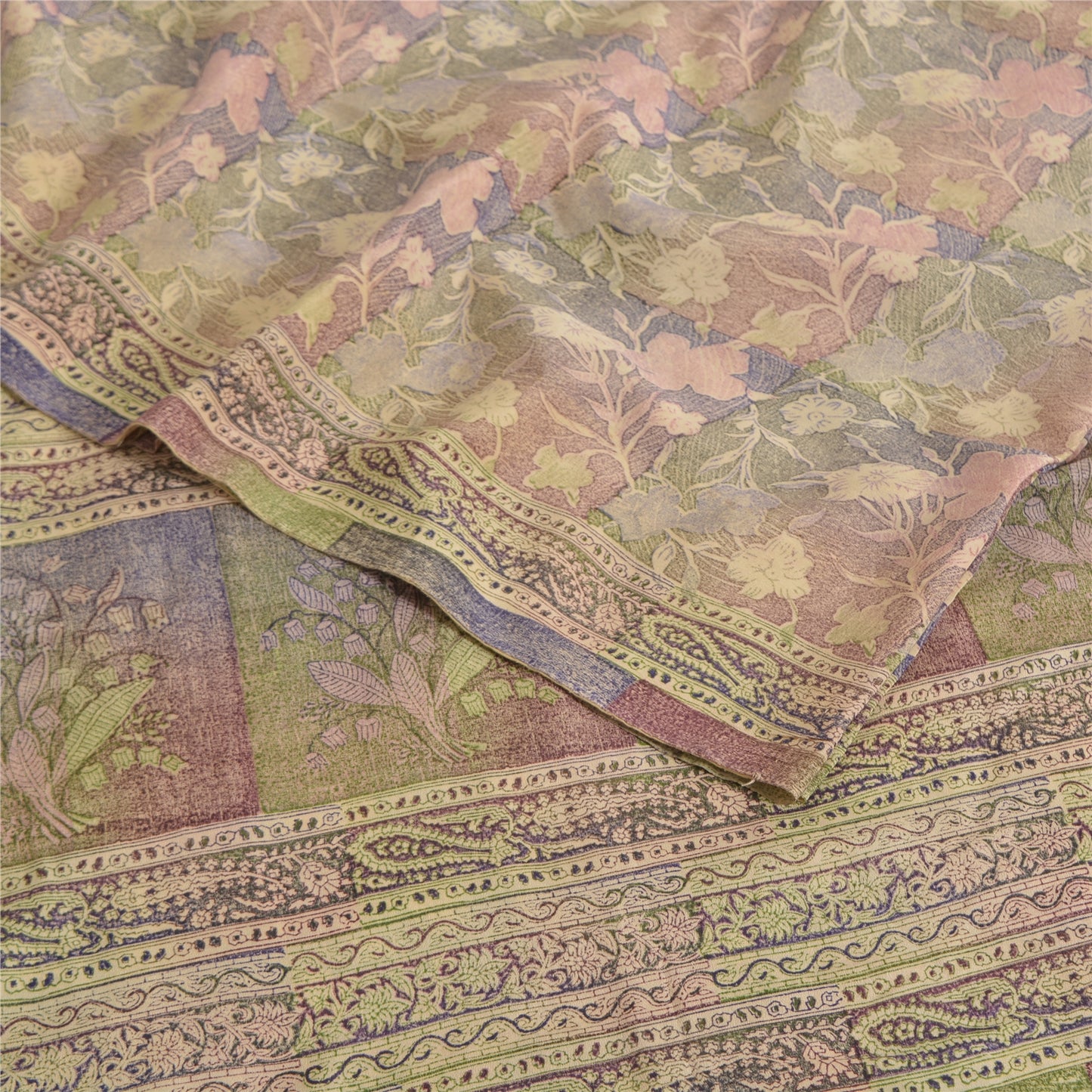 Sanskriti Vintage Sarees Multi Pure Crepe Silk Printed Sari 5yd Craft Sustainable Fabric