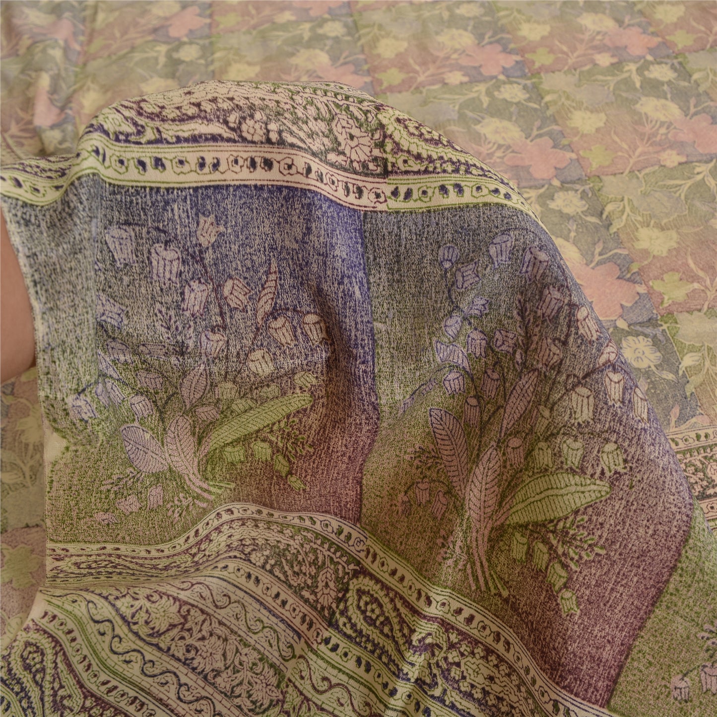 Sanskriti Vintage Sarees Multi Pure Crepe Silk Printed Sari 5yd Craft Sustainable Fabric