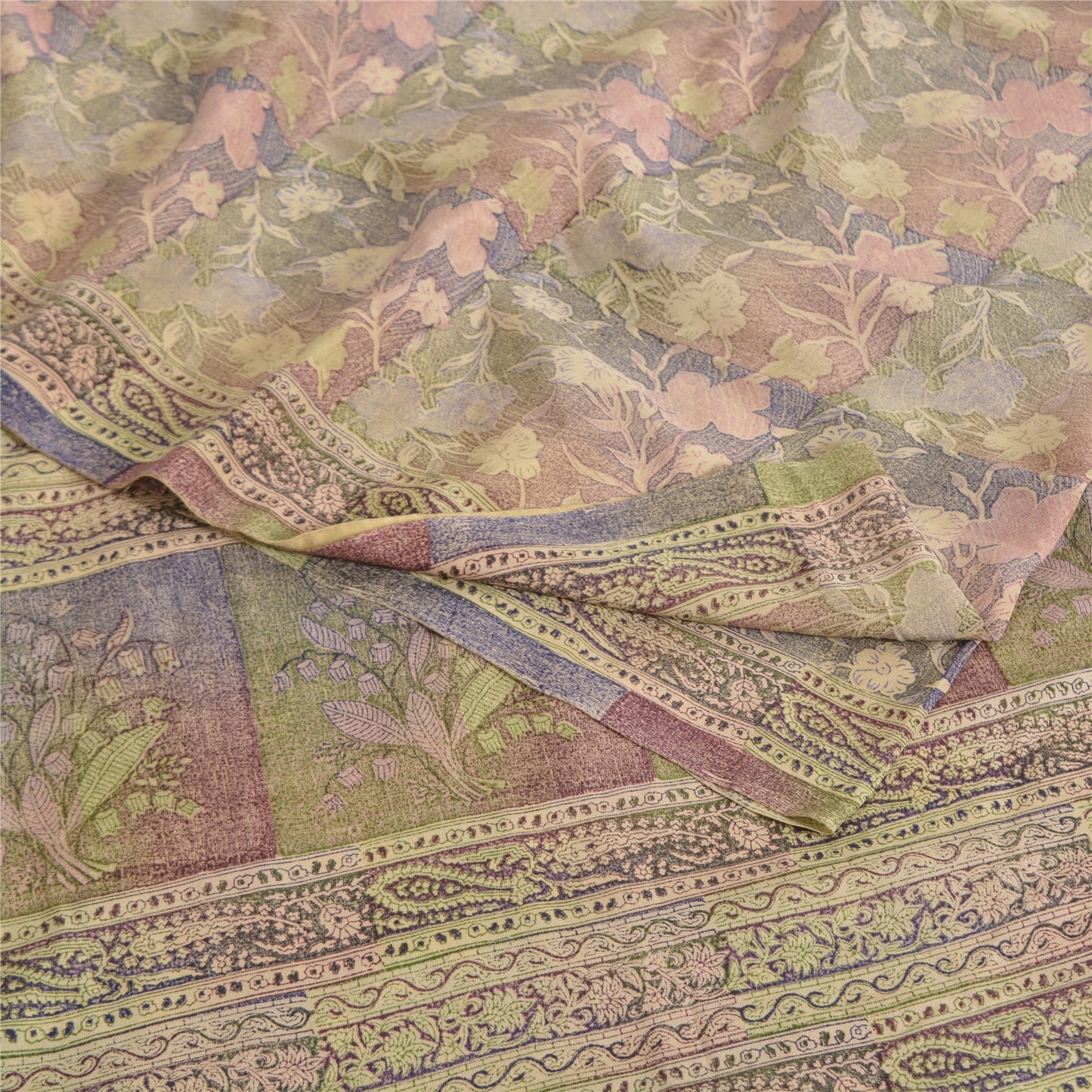 Sanskriti Vintage Sarees Multi Pure Crepe Silk Printed Sari 5yd Craft Sustainable Fabric