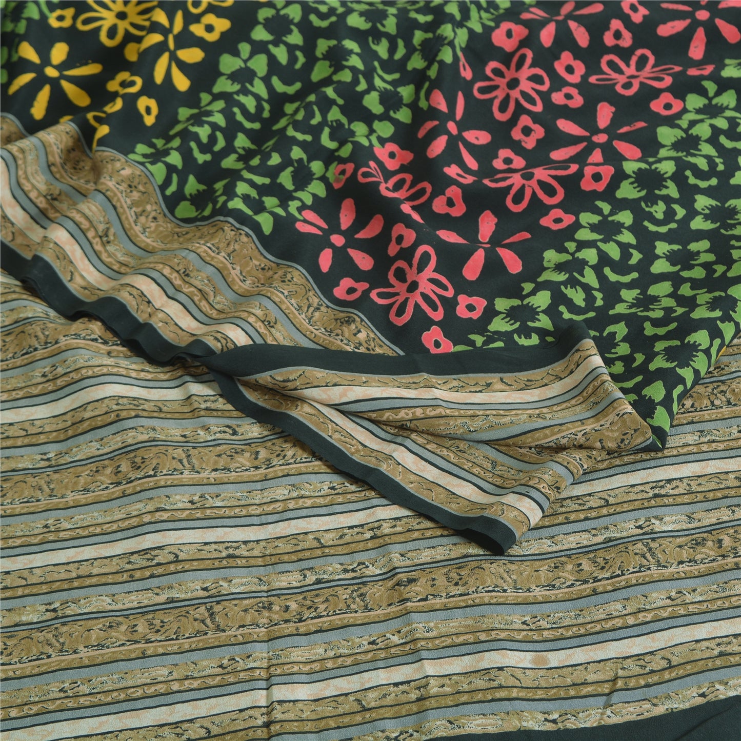 Sanskriti Vintage Sarier Sorte 100% Ren Crepe Silke Trykt Sari 5yd Håndværk Bæredygtigt Stoff