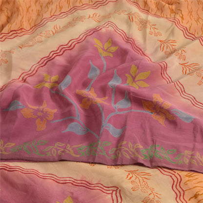 Sanskriti Vintage Sarees Saffron/Pink Pure Crepe Silk Printed Sari 5yd Sustainable Fabric
