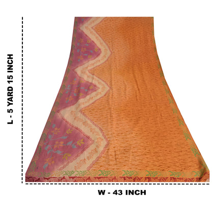 Sanskriti Vintage Sarees Saffron/Pink Pure Crepe Silk Printed Sari 5yd Sustainable Fabric