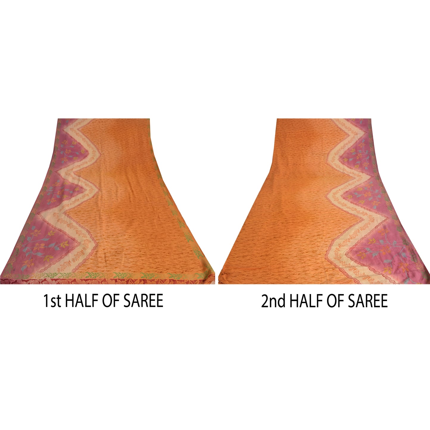 Sanskriti Vintage Sarees Saffron/Pink Pure Crepe Silk Printed Sari 5yd Sustainable Fabric