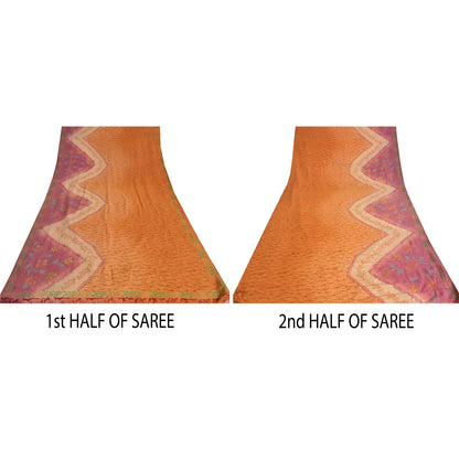 Sanskriti Vintage Sarees Saffron/Pink Pure Crepe Silk Printed Sari 5yd Sustainable Fabric