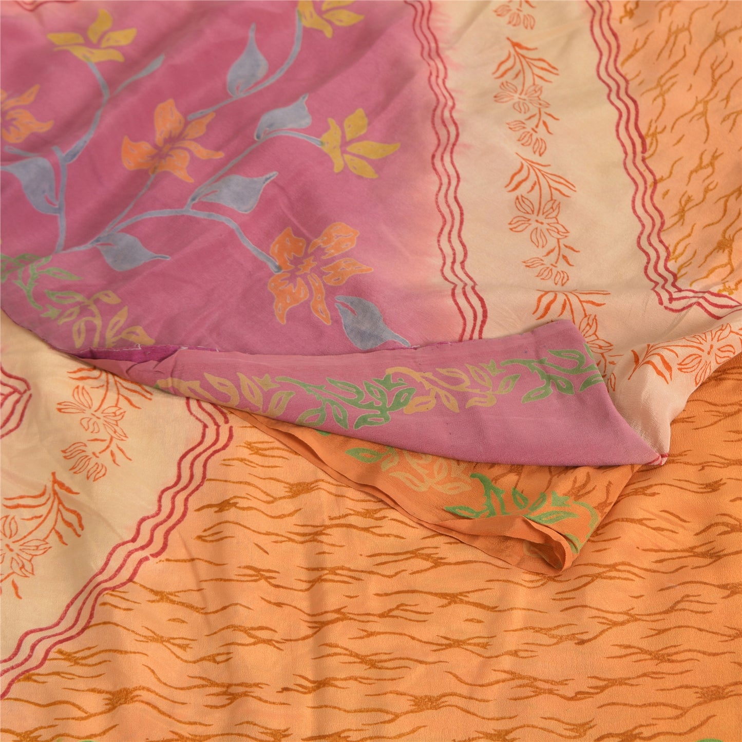 Sanskriti Vintage Sarees Saffron/Pink Pure Crepe Silk Printed Sari 5yd Sustainable Fabric