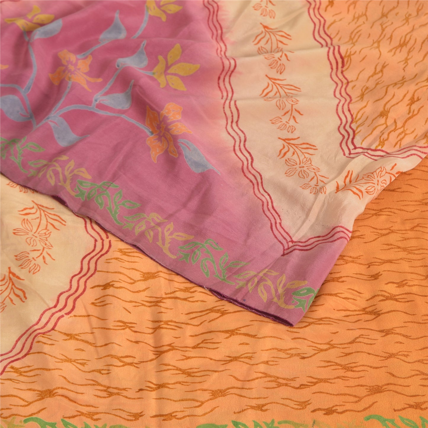 Sanskriti Vintage Sarees Saffron/Pink Pure Crepe Silk Printed Sari 5yd Sustainable Fabric