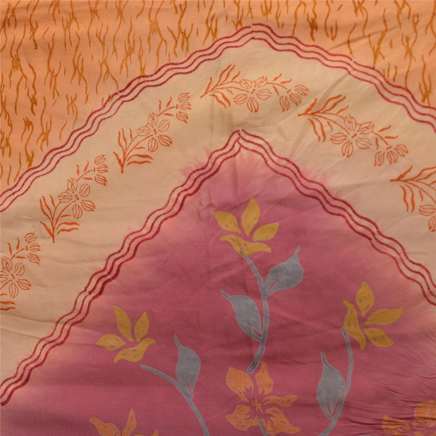 Sanskriti Vintage Sarees Saffron/Pink Pure Crepe Silk Printed Sari 5yd Sustainable Fabric