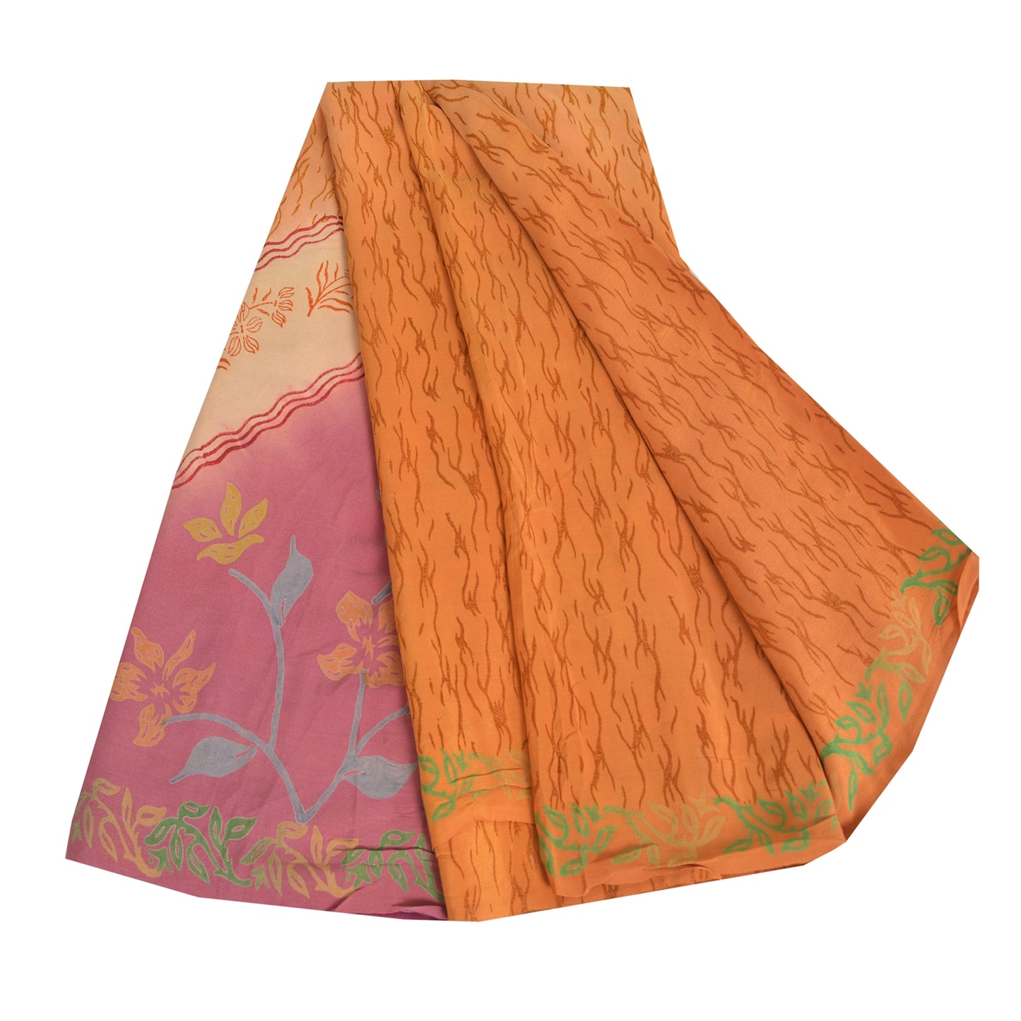 Sanskriti Vintage Sarees Saffron/Pink Pure Crepe Silk Printed Sari 5yd Sustainable Fabric