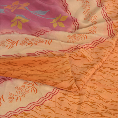 Sanskriti Vintage Sarees Saffron/Pink Pure Crepe Silk Printed Sari 5yd Sustainable Fabric