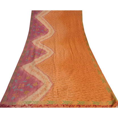 Sanskriti Vintage Sarees Saffron/Pink Pure Crepe Silk Printed Sari 5yd Sustainable Fabric
