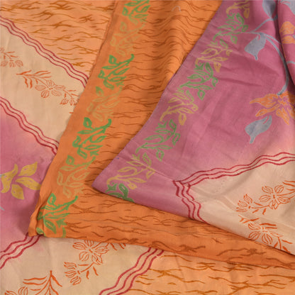 Sanskriti Vintage Sarees Saffron/Pink Pure Crepe Silk Printed Sari 5yd Sustainable Fabric