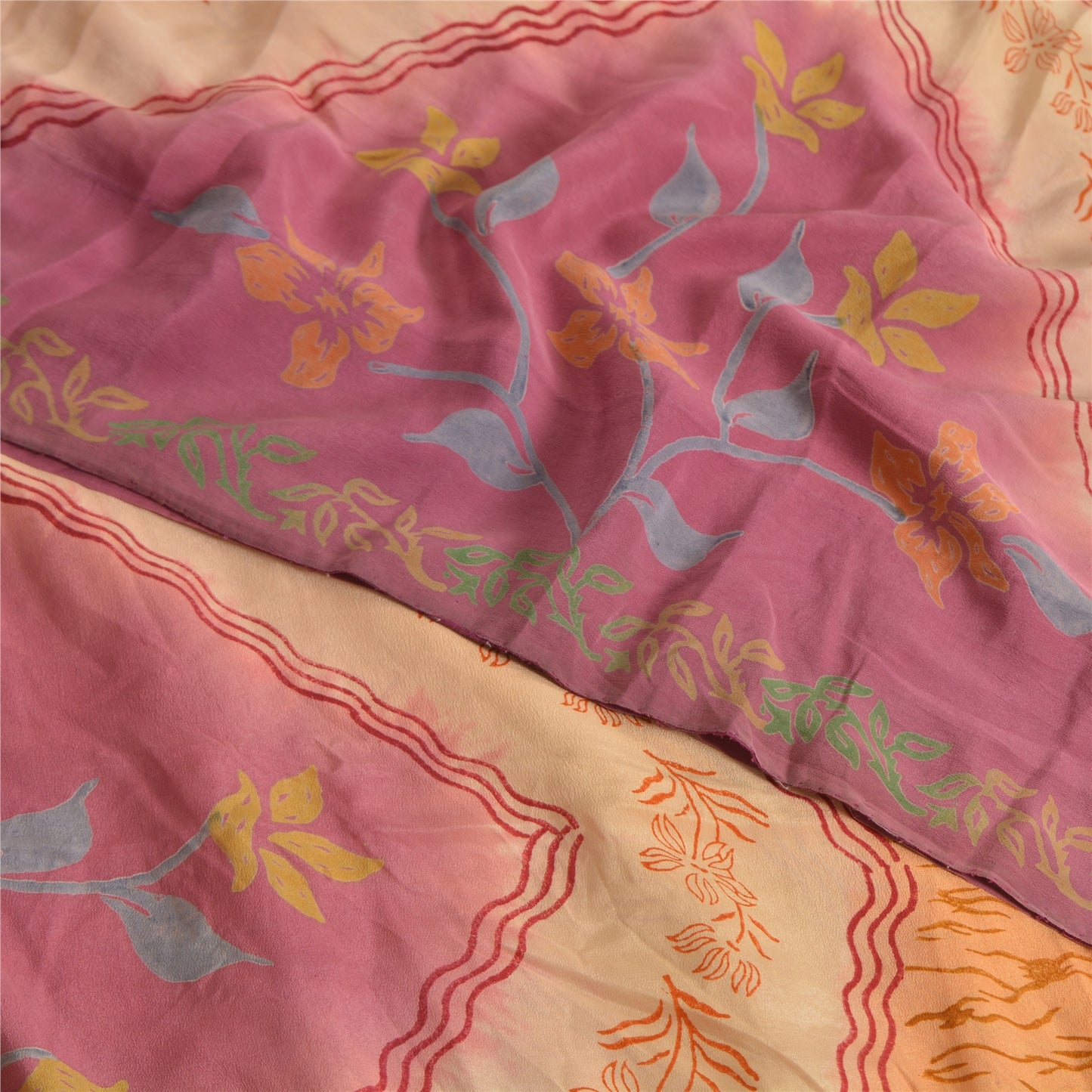 Sanskriti Vintage Sarees Saffron/Pink Pure Crepe Silk Printed Sari 5yd Sustainable Fabric