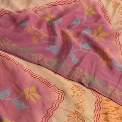 Sanskriti Vintage Sarees Saffron/Pink Pure Crepe Silk Printed Sari 5yd Sustainable Fabric