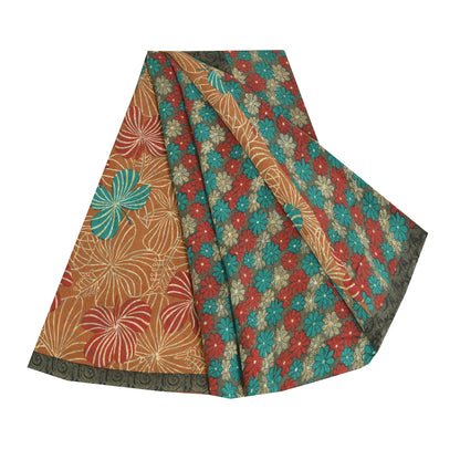 Sanskriti Vintage Sarees Multi Pure Crepe Silk Printed Sari 5yd Craft Sustainable Fabric