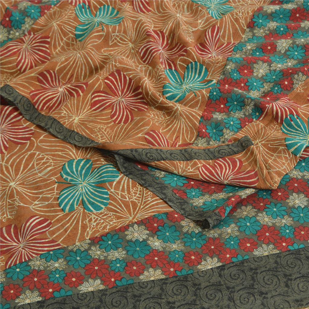 Sanskriti Vintage Sarees Multi Pure Crepe Silk Printed Sari 5yd Craft Sustainable Fabric