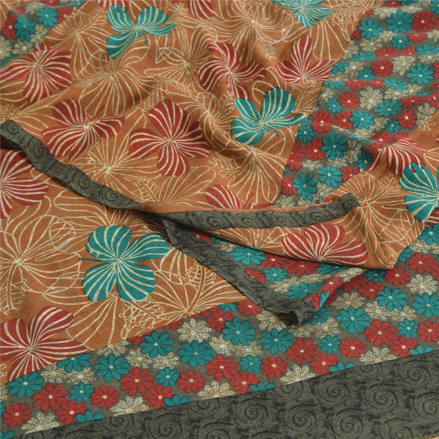 Sanskriti Vintage Sarees Multi Pure Crepe Silk Printed Sari 5yd Craft Sustainable Fabric