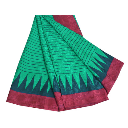 Санскритские винтажные сари из чистого зеленого крепированного шелка с принтом, сари для рукоделия, устойчивая ткань