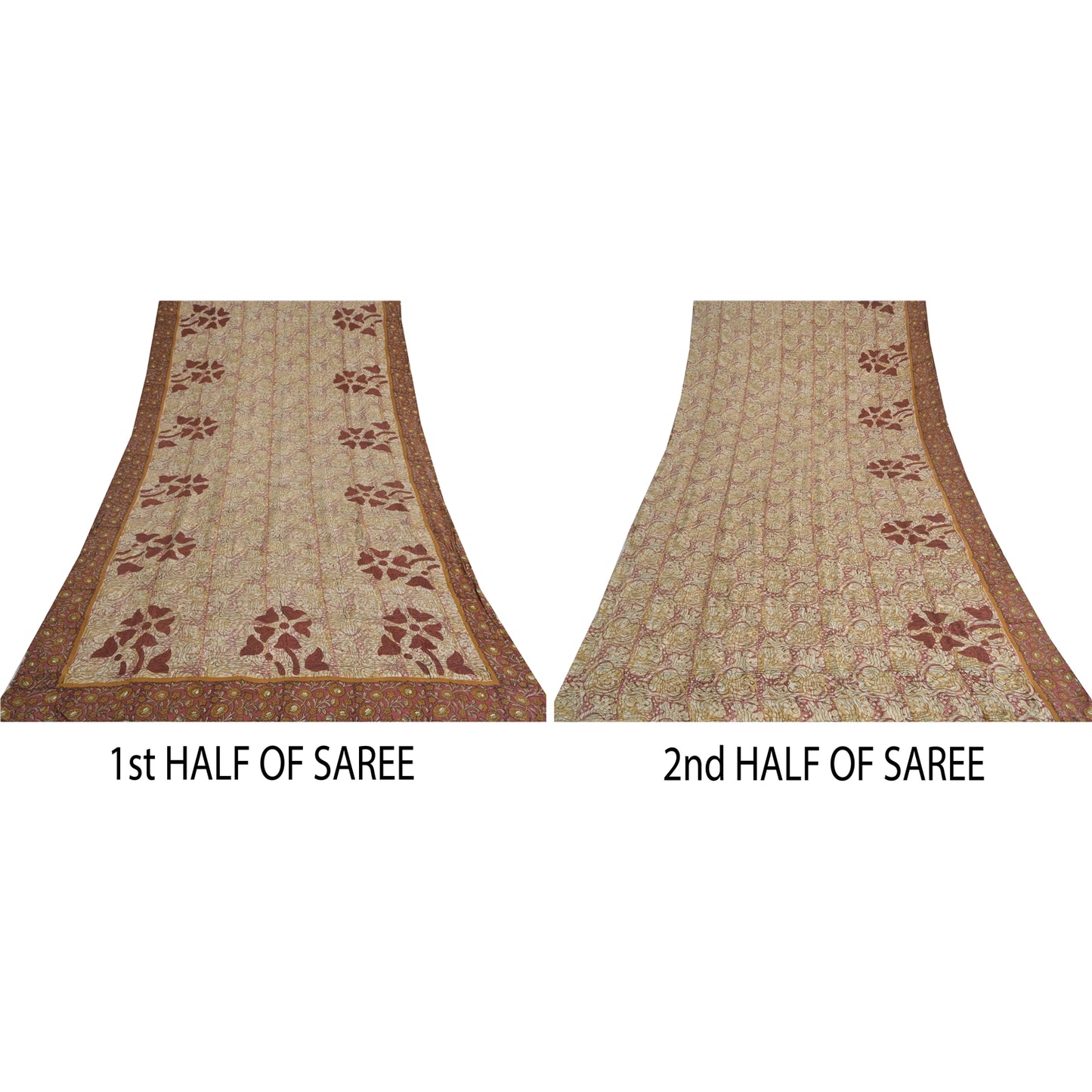 Sanskriti Vintage Sarees Ivory 100%Pure Crepe Silk Printed Sari 5yd Craft Sustainable Fabric