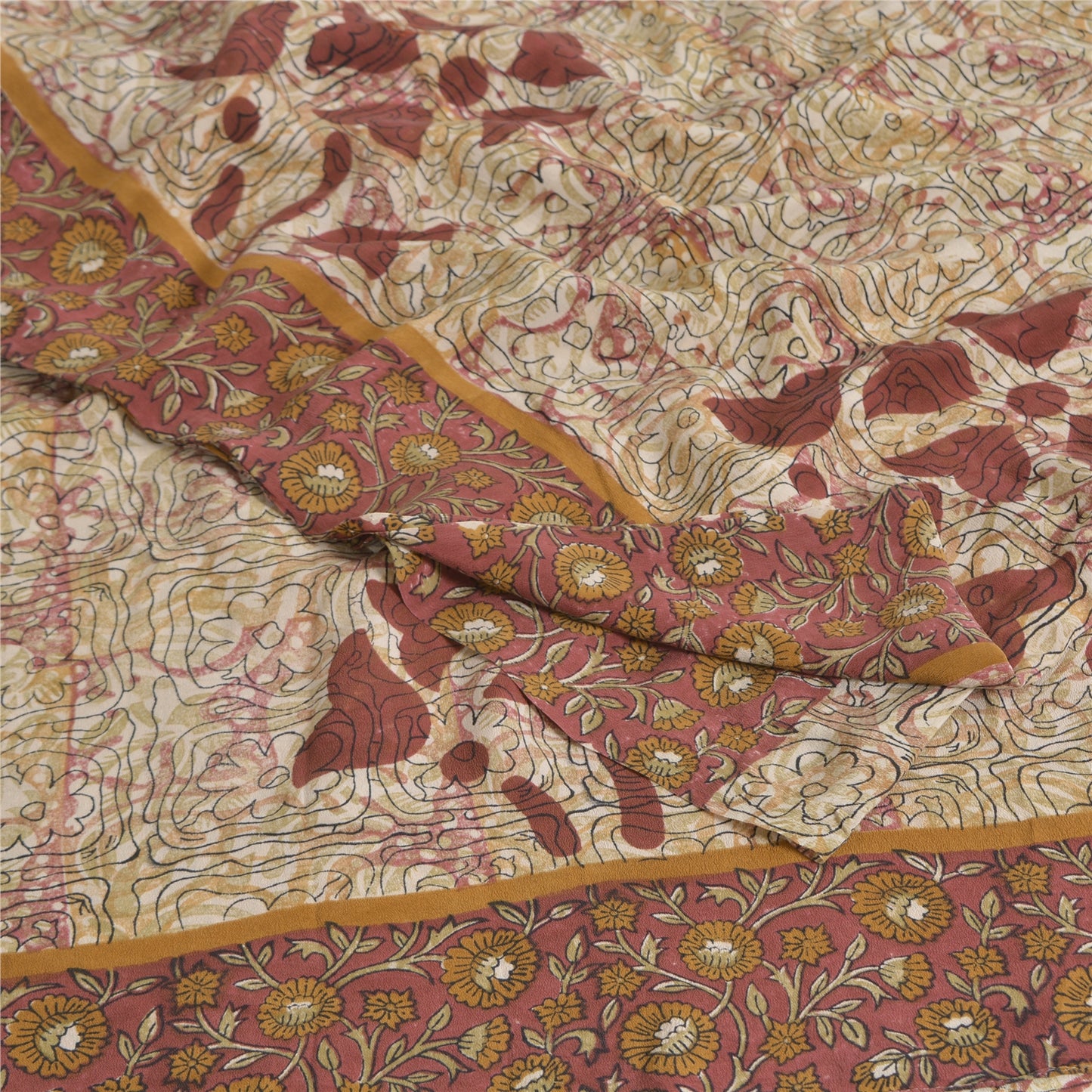 Sanskriti Vintage Sarees Ivory 100%Pure Crepe Silk Printed Sari 5yd Craft Sustainable Fabric