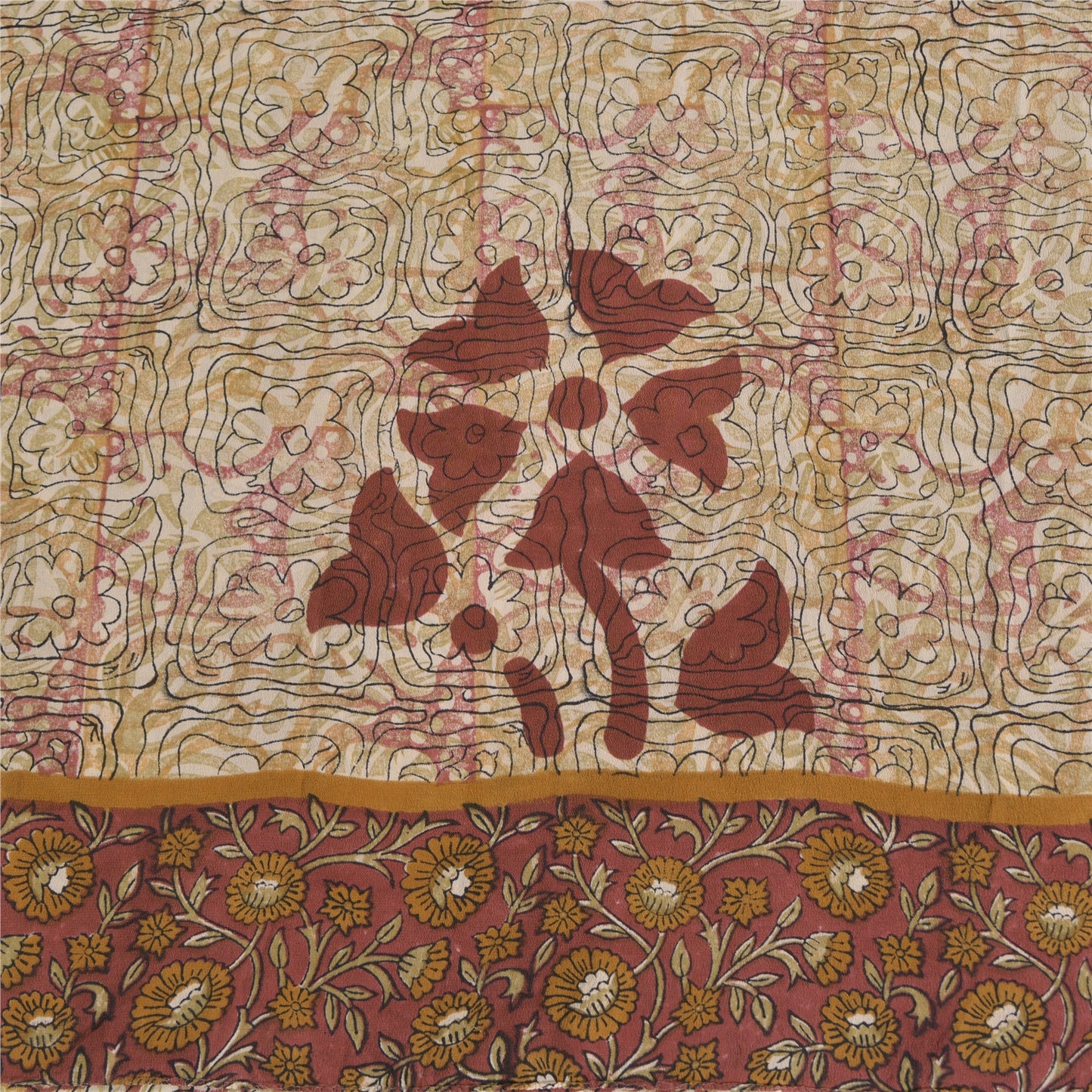 Sanskriti Vintage Sarees Ivory 100%Pure Crepe Silk Printed Sari 5yd Craft Sustainable Fabric