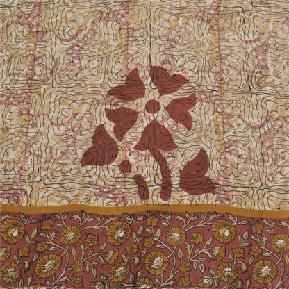 Sanskriti Vintage Sarees Ivory 100%Pure Crepe Silk Printed Sari 5yd Craft Sustainable Fabric