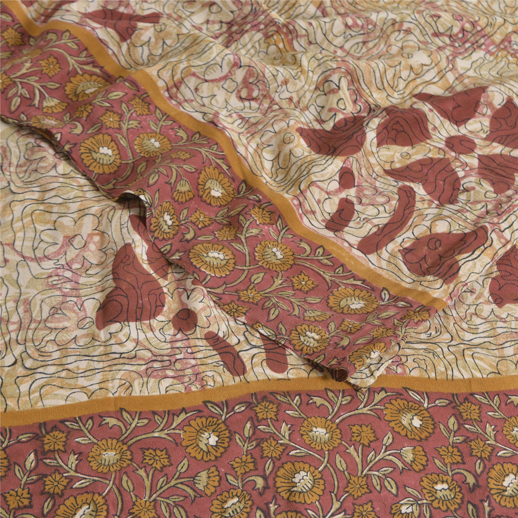 Sanskriti Vintage Sarees Ivory 100%Pure Crepe Silk Printed Sari 5yd Craft Sustainable Fabric